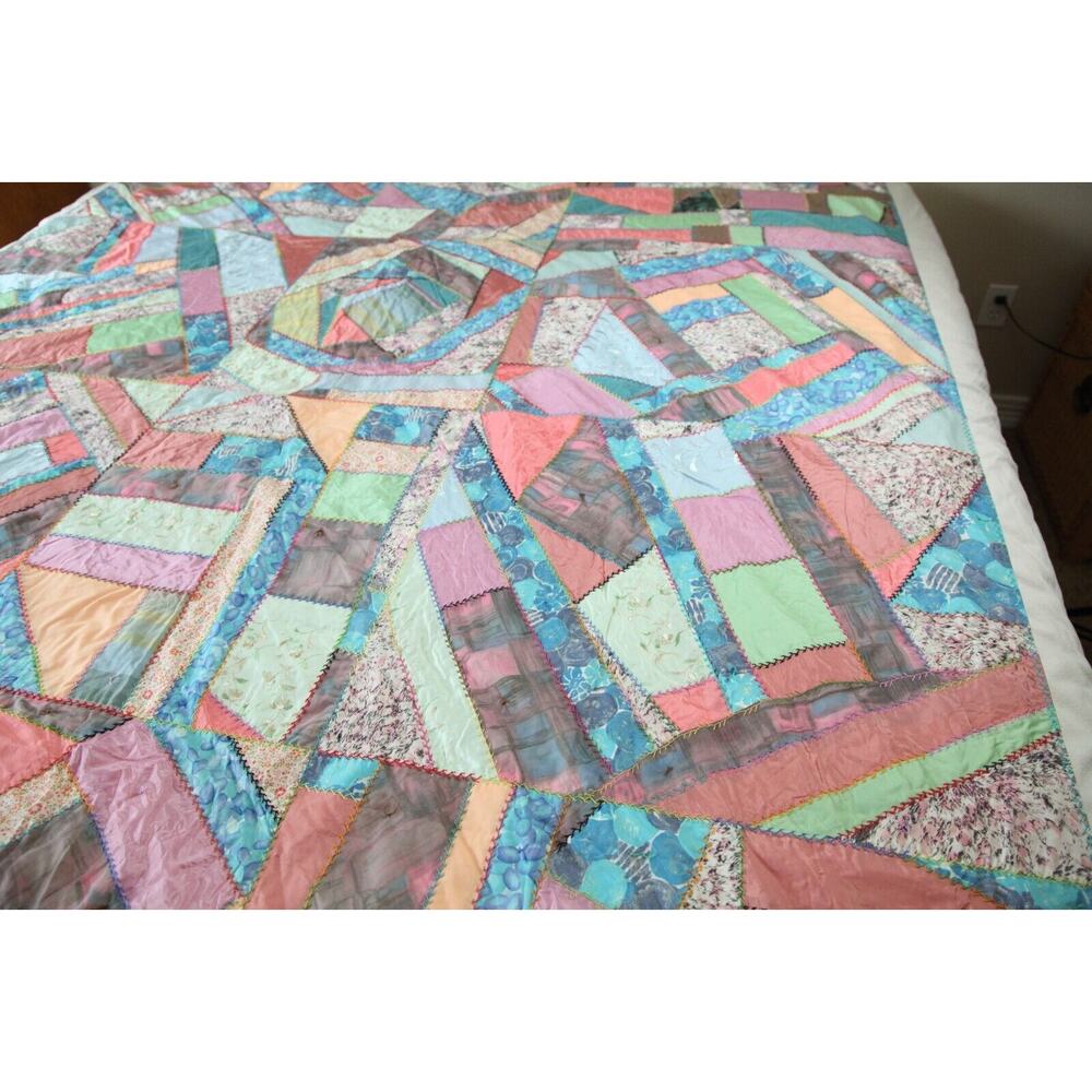 Vintage Crazy Quilt 86" x 69 Heavily Embroidered Pastel Colors Old Hand Tied - Picture 7 of 16